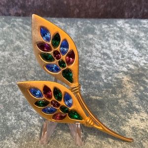 Vintage Jewelry Signed PEP Erwin Pearl Rhinestone Peacock Feathers or Leaf Pin